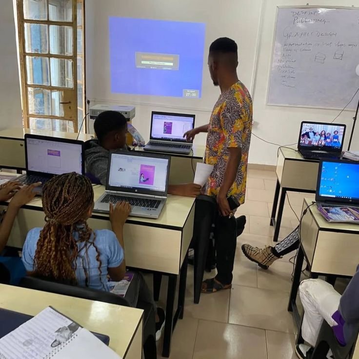 students developing digital skills in a computer classroom